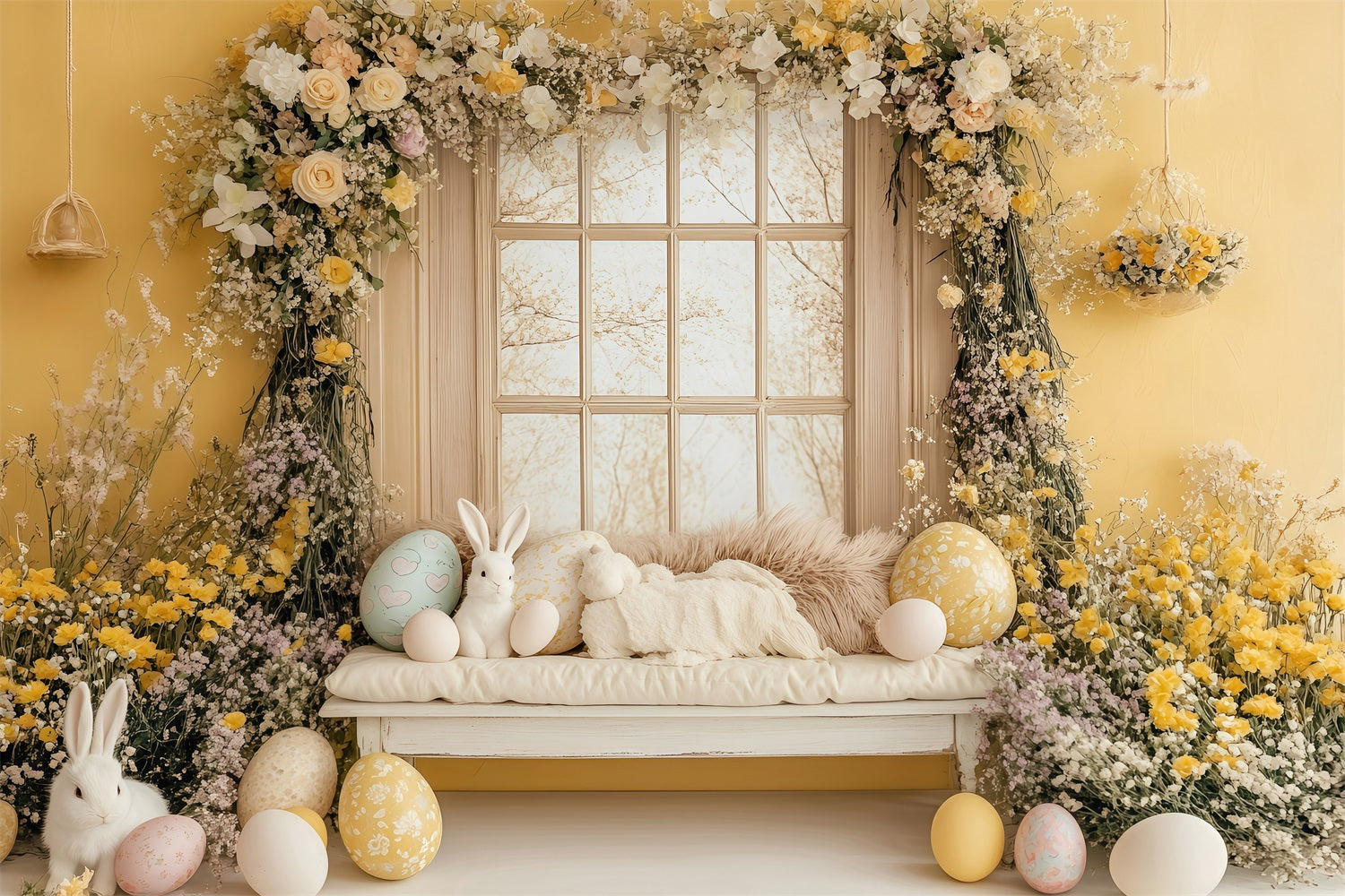 Ostern Backdrops Fotografie Golden Floral Bunny Window Backdrop BRP1-262