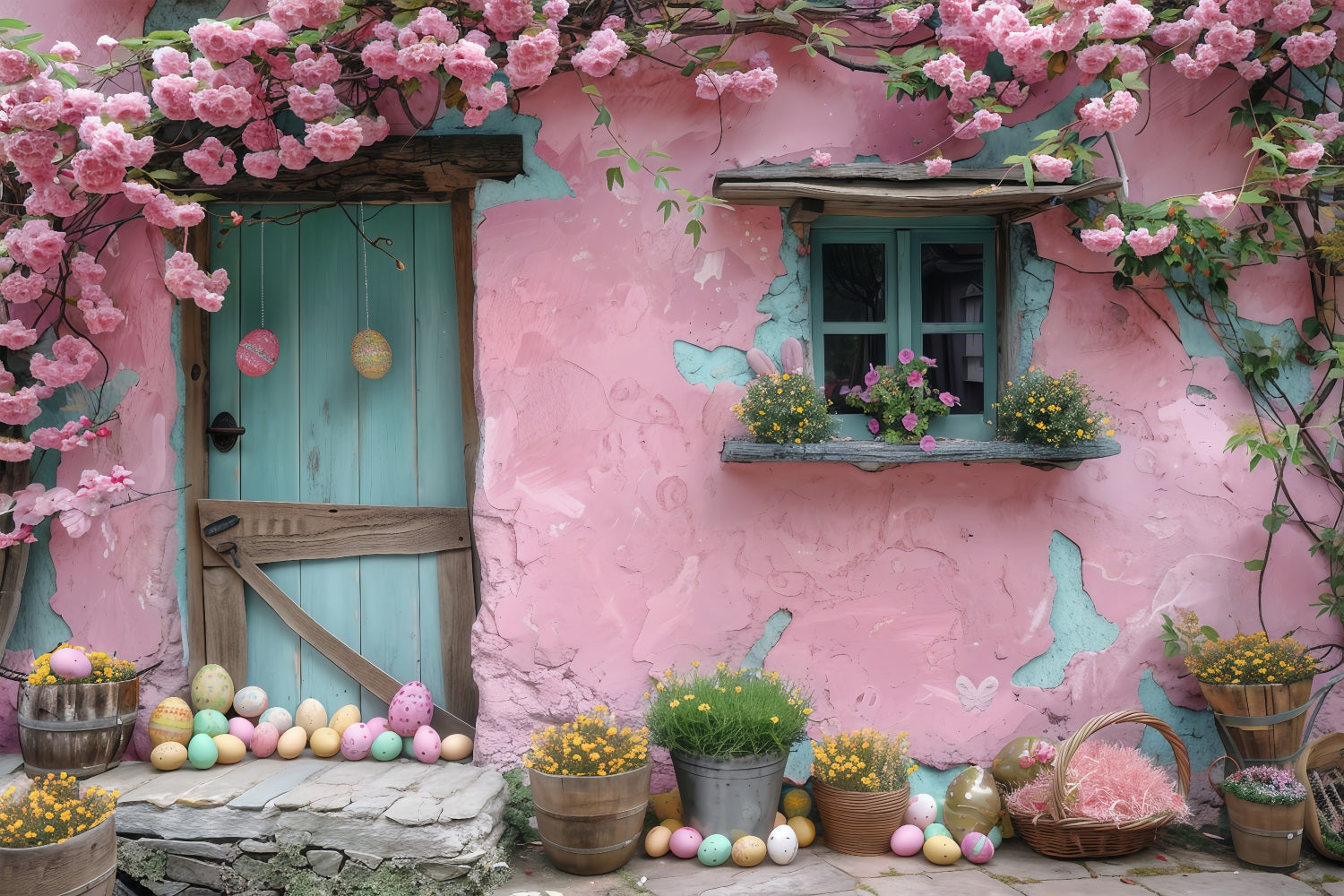 Fotohintergründe Ostereier Glückseligkeit Rosa Häuschen Hintergrund BRP1-303