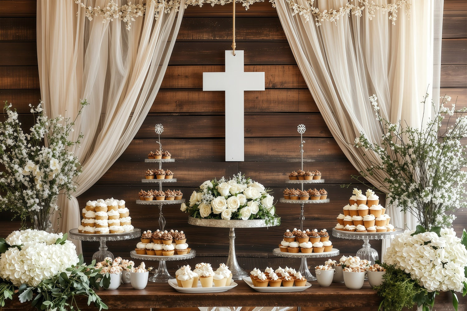 Backdrops Ostern Hochzeit Dessert Tisch Weißes Kreuz Backdrop BRP1-307