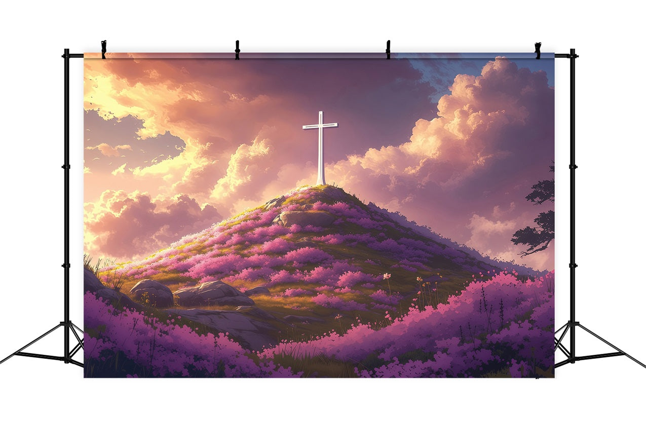 Backdrops Ostern Göttlicher Sonnenuntergang Kreuz geblümt Hügel Backdrop BRP1-309