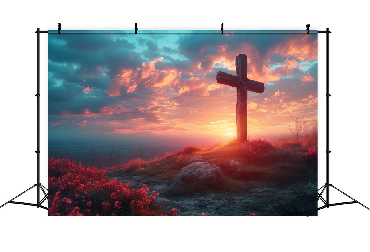 Ostern Fotohintergrund Dämmerung Glühen Hügel Kreuz Hintergrund BRP1-310