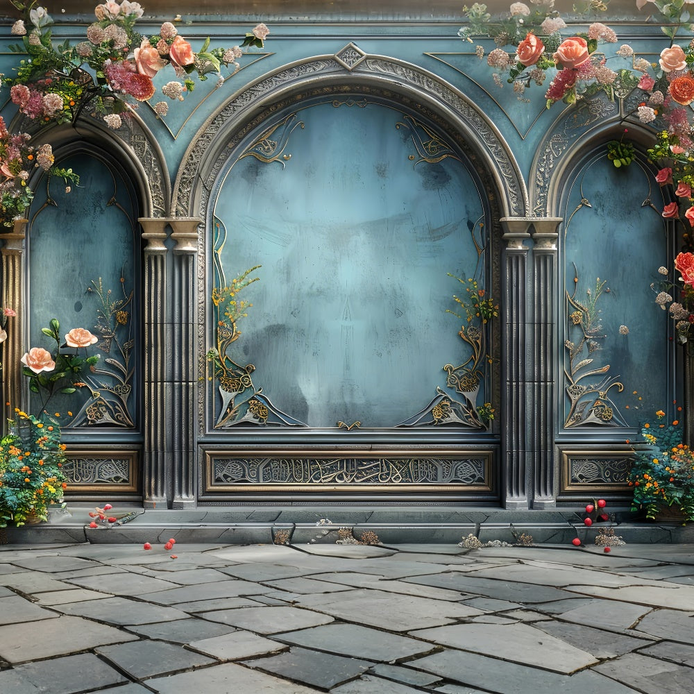 Blumige Fotokulisse Romantisch Blauer Bogen Eleganz Kulisse BRP1-354