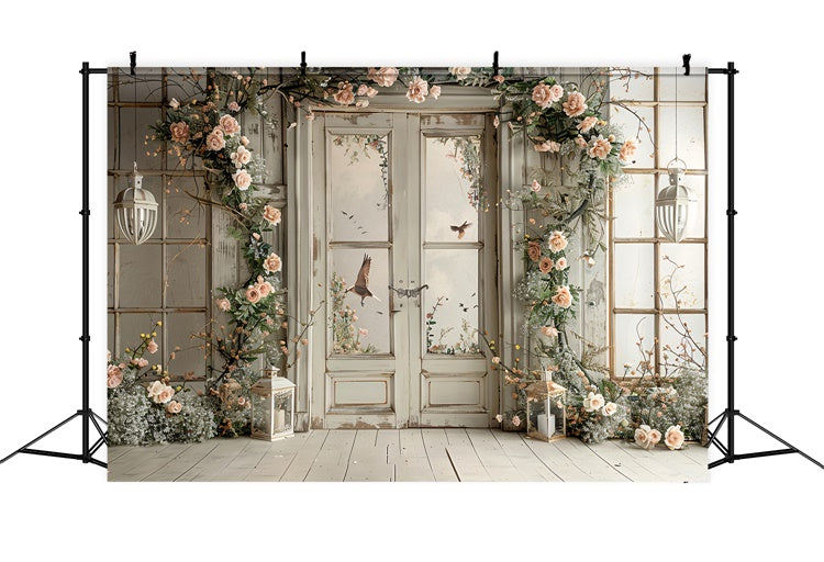 Blumen-Hintergrundkulisse Rustikale Blumen-Vogel-Fenster-Hintergrundkulisse BRP1-364