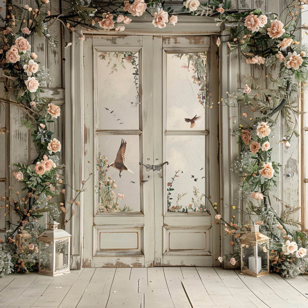 Blumen-Hintergrundkulisse Rustikale Blumen-Vogel-Fenster-Hintergrundkulisse BRP1-364