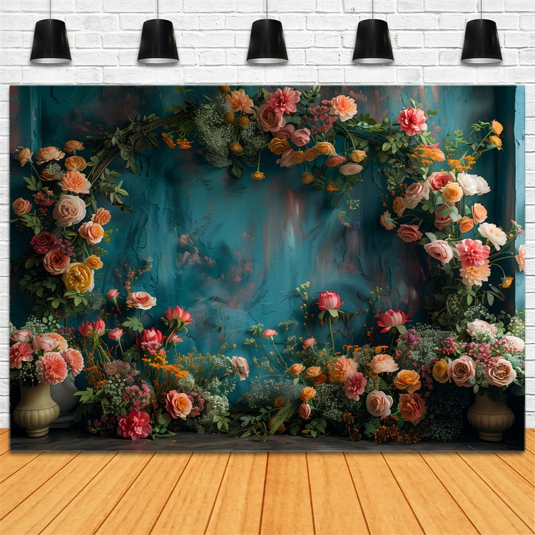 Floral Backdrops für Fotografie Vibrant Blooms Teal Backdrop BRP1-367
