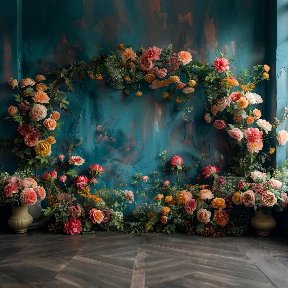Floral Backdrops für Fotografie Vibrant Blooms Teal Backdrop BRP1-367