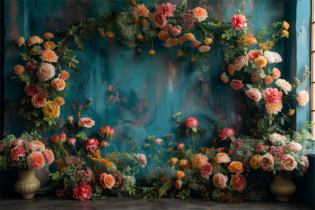 Floral Backdrops für Fotografie Vibrant Blooms Teal Backdrop BRP1-367