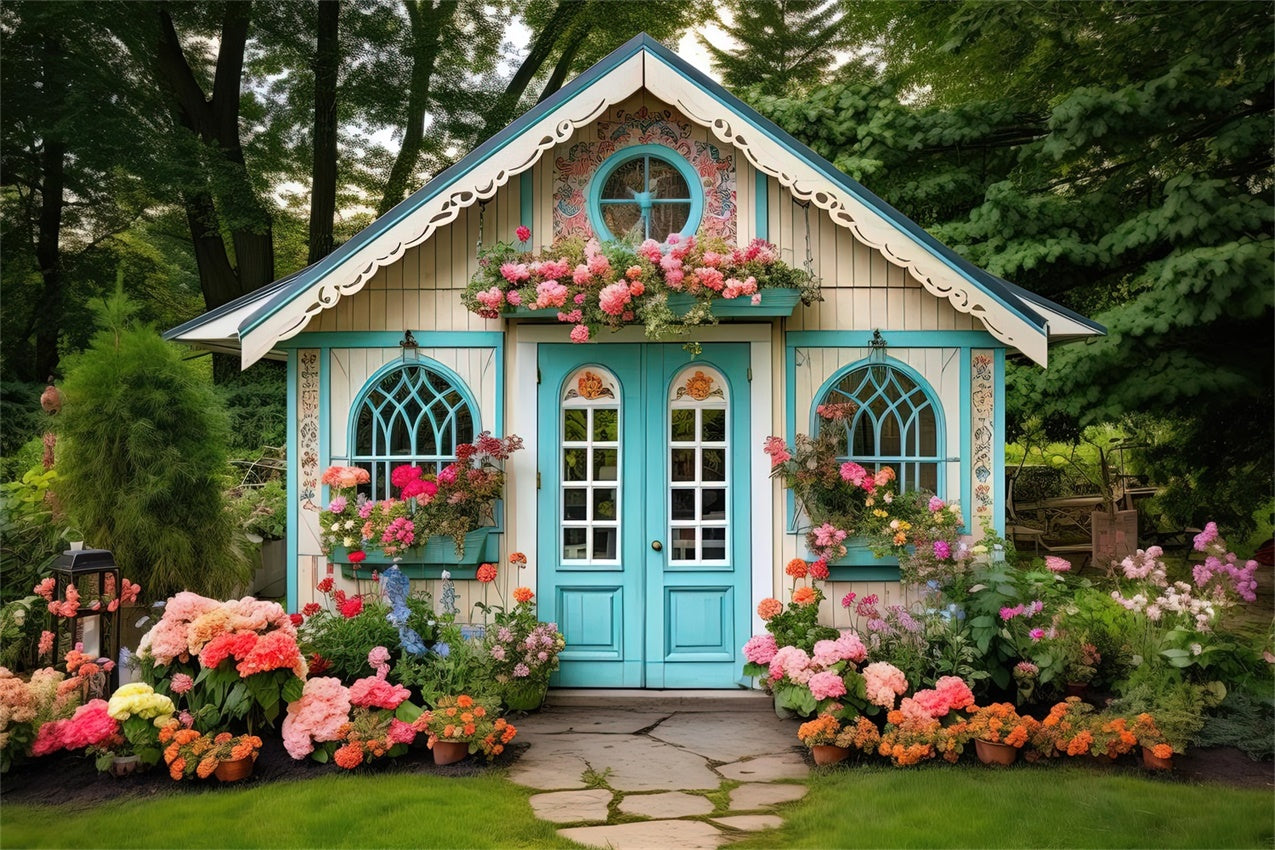 Blumen Fotokulisse Charming Blue Cottage Garden Fotokulisse BRP1-381