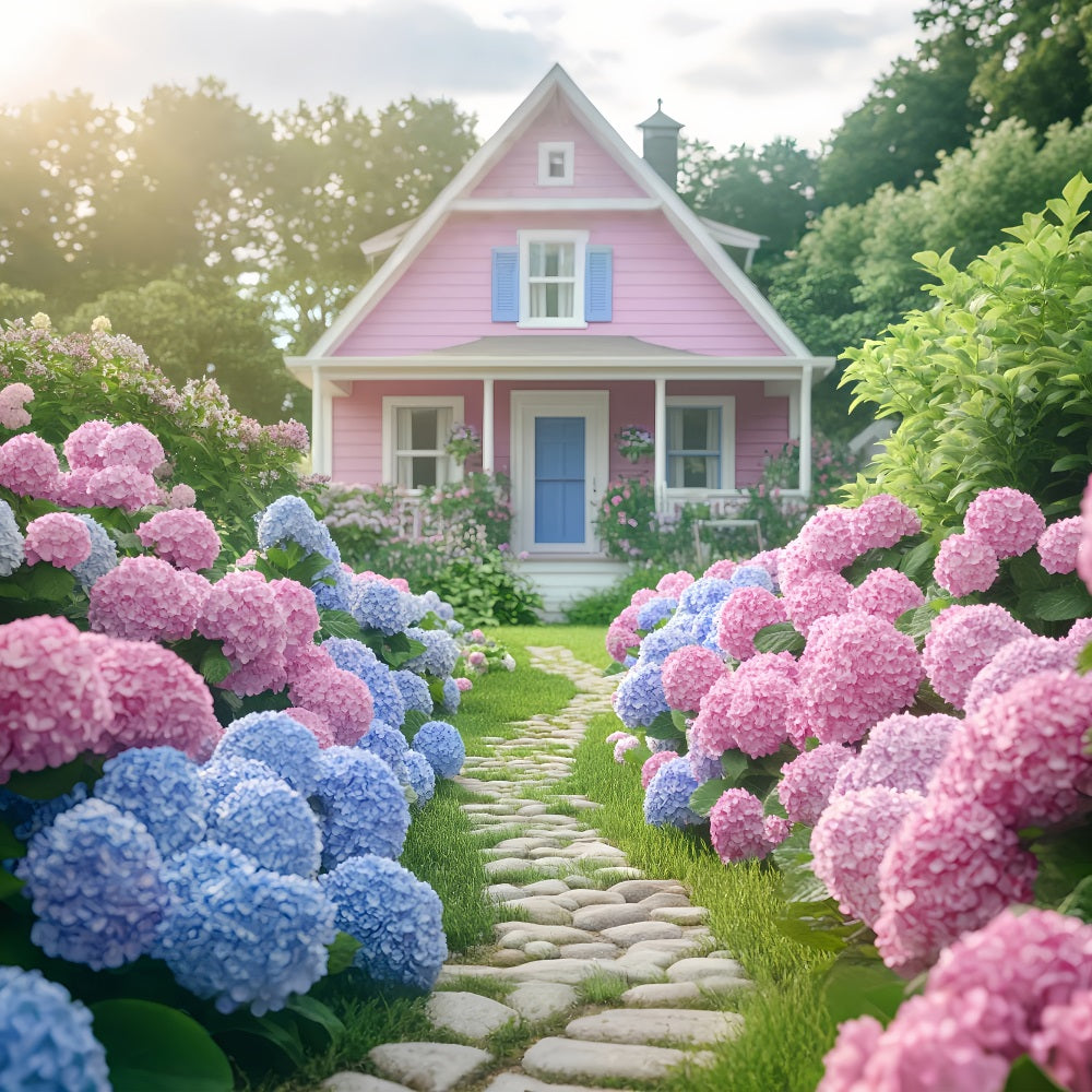 Frühling Fotohintergrund Fotografie Rosa Haus Blühender Garten Hintergrund BRP1-7