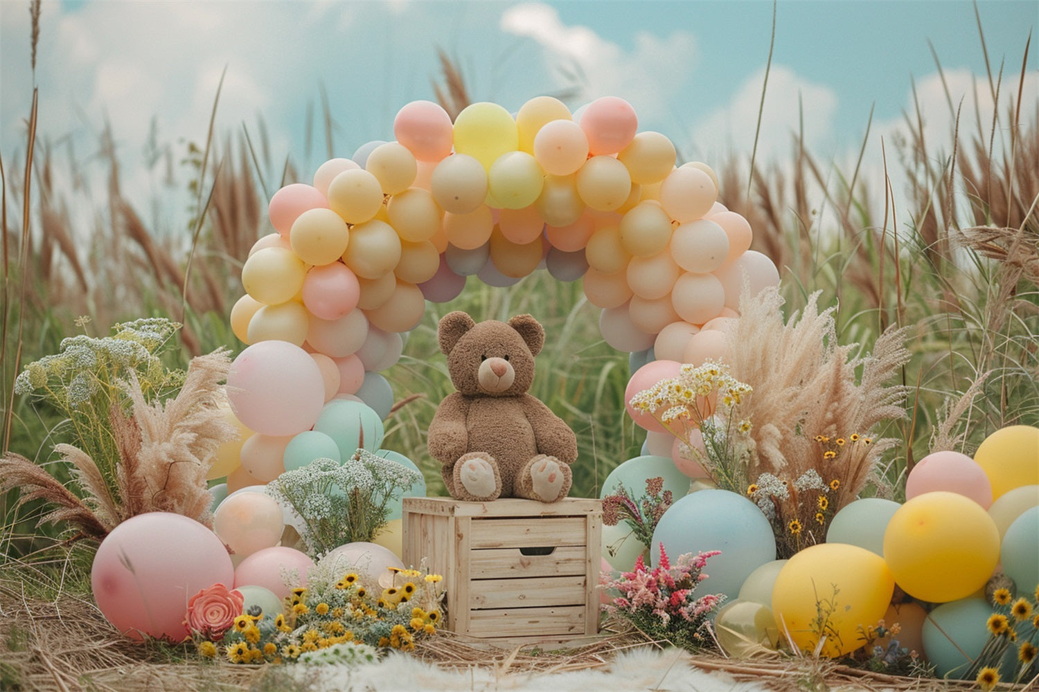 Pastellfarbener Ballonbogen Teddybär Boho-Hintergrund BRP10-107