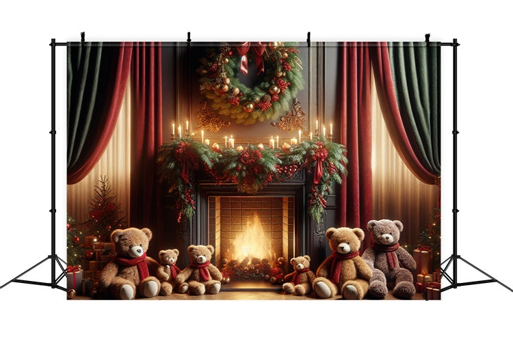 Weihnachtskranz Hintergrund Bär Familie Versammlung Kamin Hintergrund BRP10-162