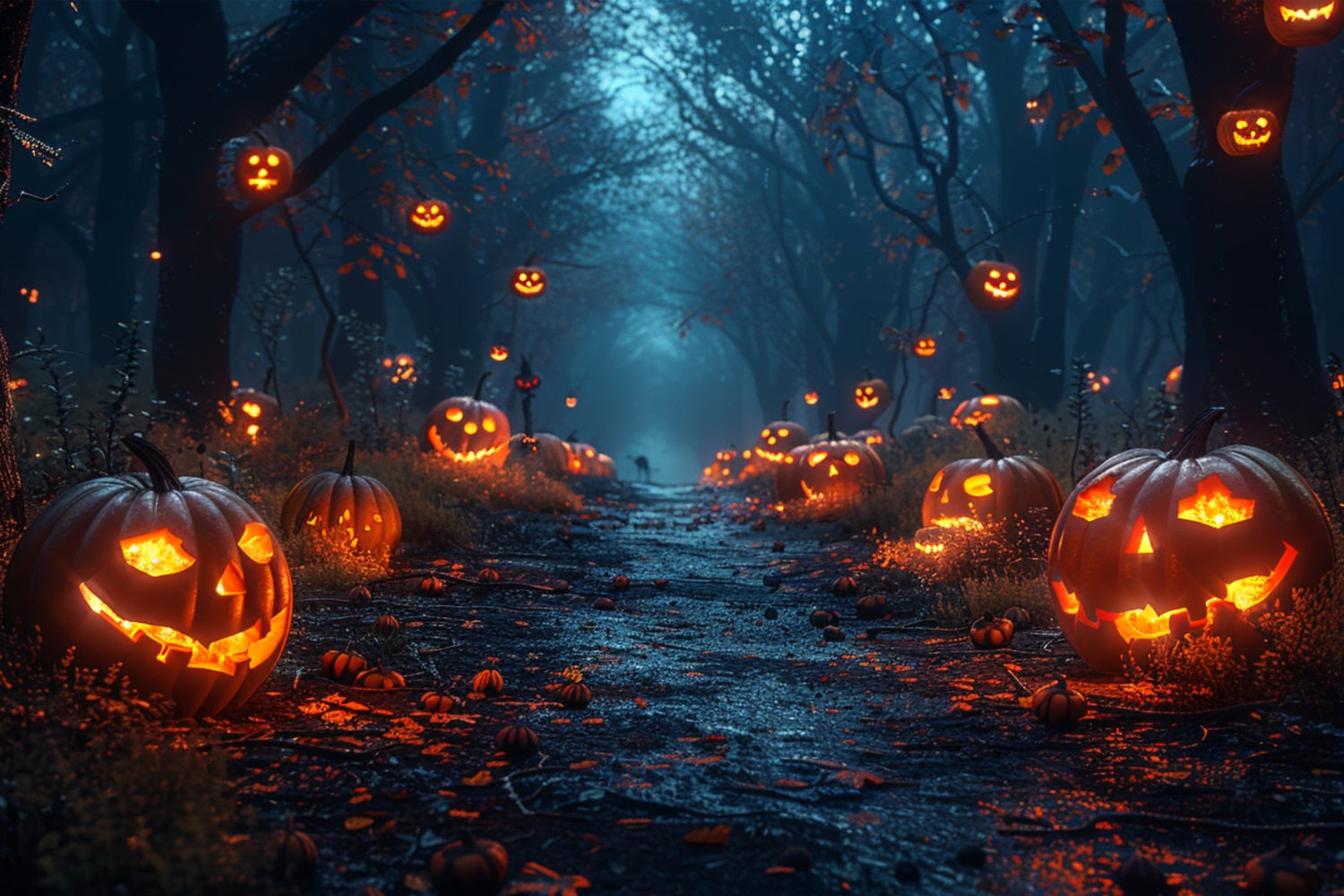 Halloween Hintergrund Fotografie Geisterhafter Waldweg Kürbisse Hintergrund BRP10-165