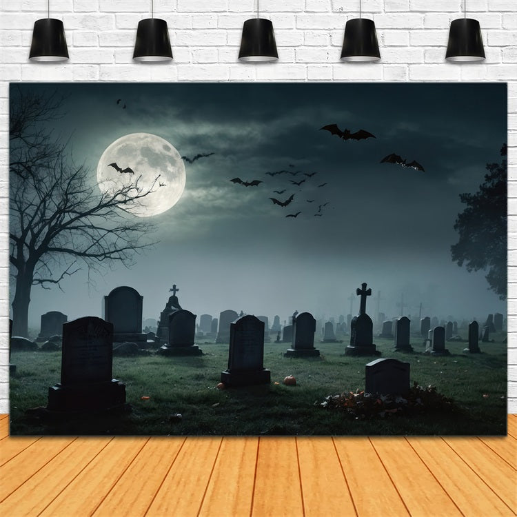 Halloween Hintergrund Fotografie Vollmond Friedhof Fledermäuse Hintergrund BRP10-191