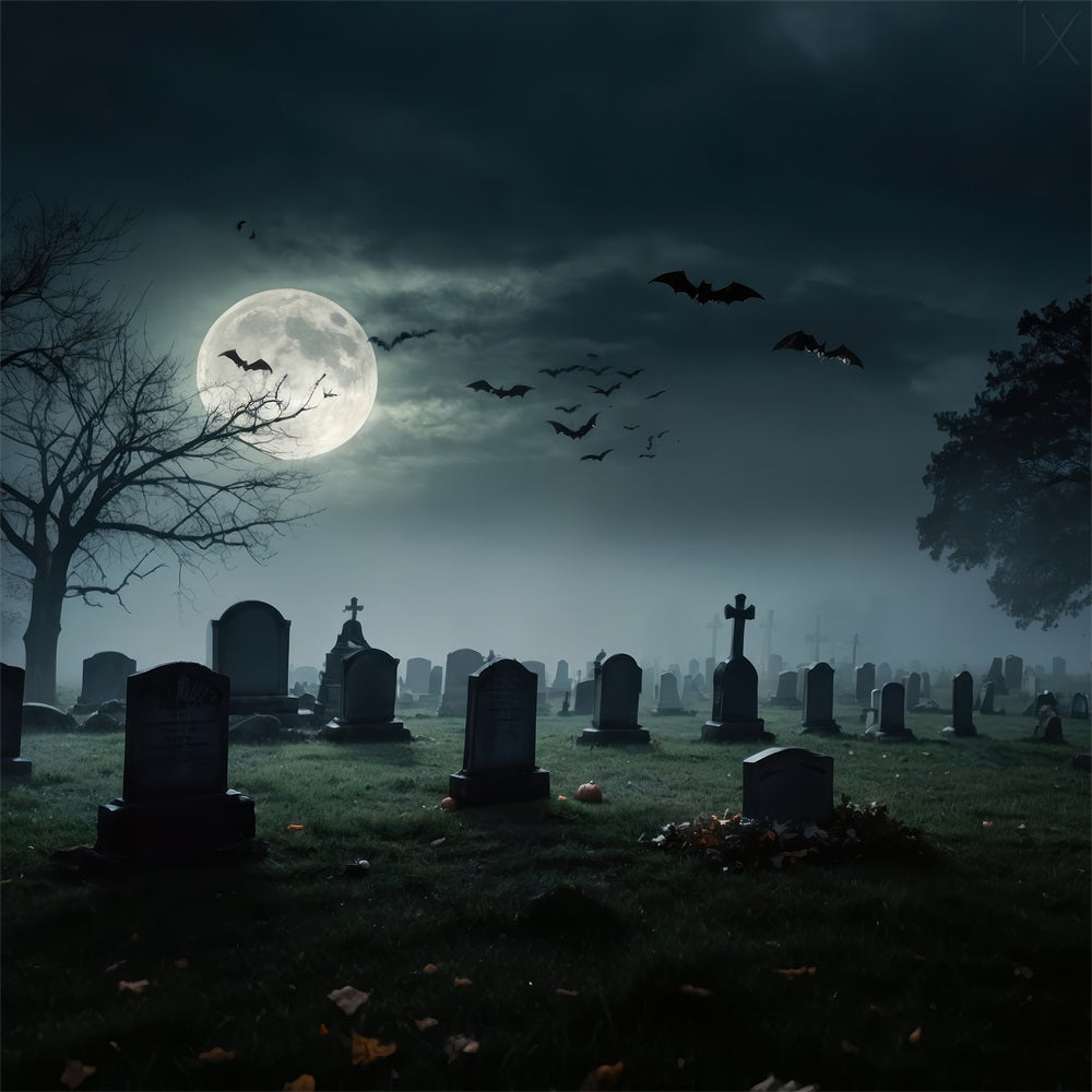 Halloween Hintergrund Fotografie Vollmond Friedhof Fledermäuse Hintergrund BRP10-191