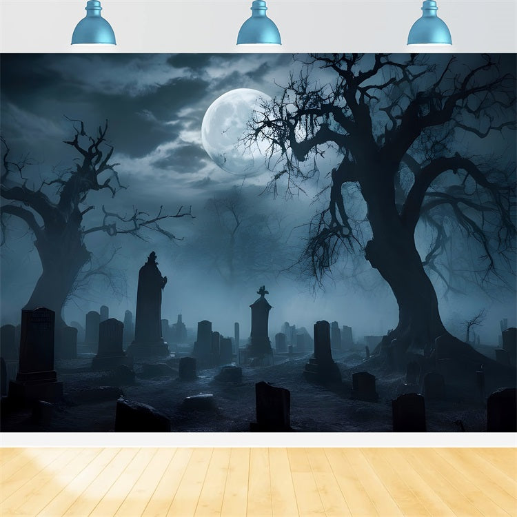 Halloween Fotohintergrund Nebliger Friedhof Verdrehte Bäume Hintergrund BRP10-194