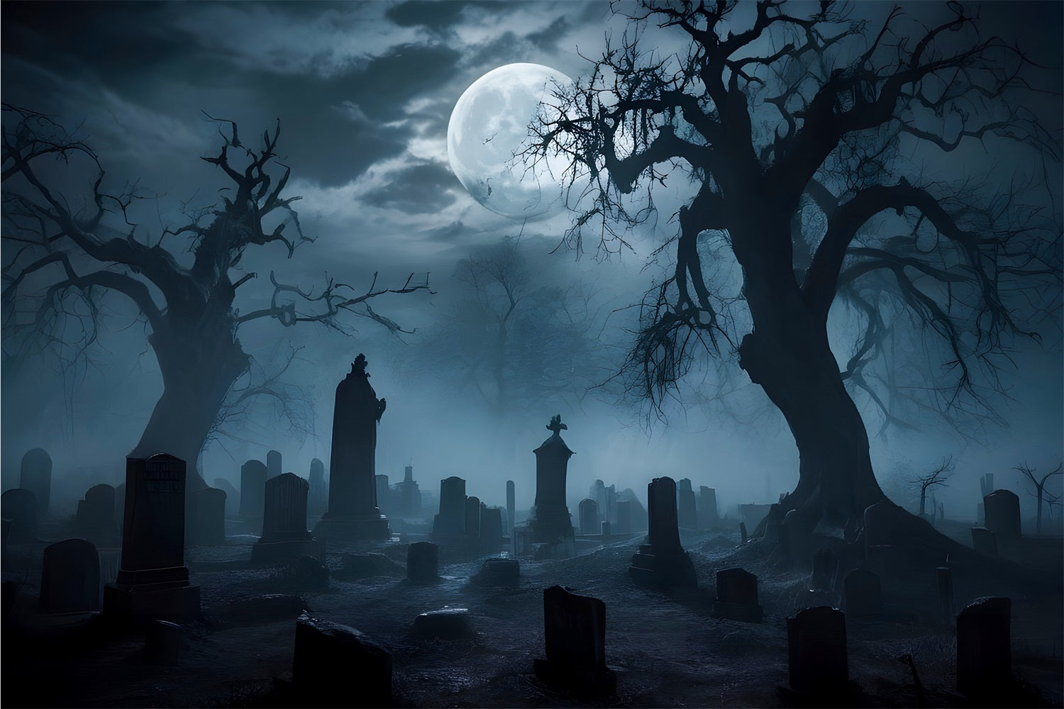 Halloween Fotohintergrund Nebliger Friedhof Verdrehte Bäume Hintergrund BRP10-194