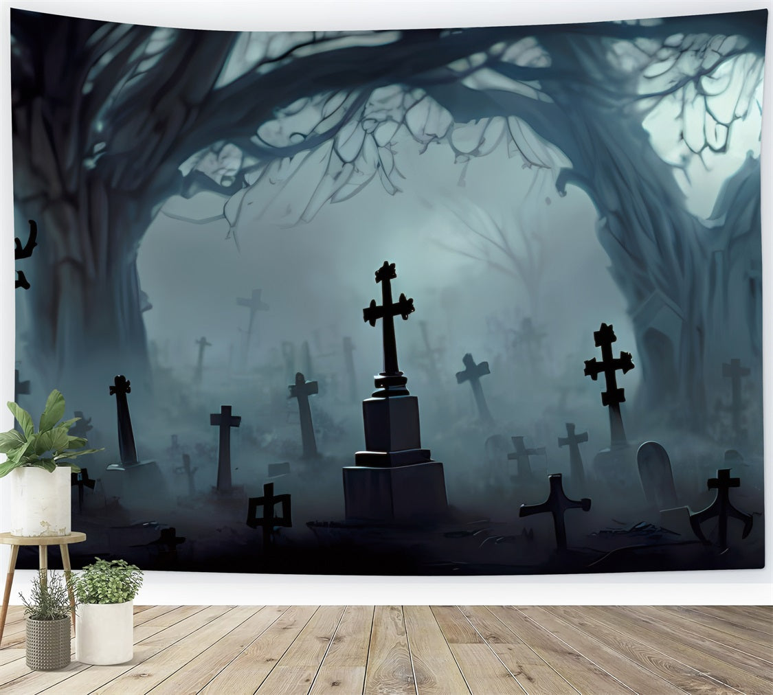 Gruselige Halloween-Hintergrund Friedhof Kreuze Verdrehte Bäume Hintergrund BRP10-196