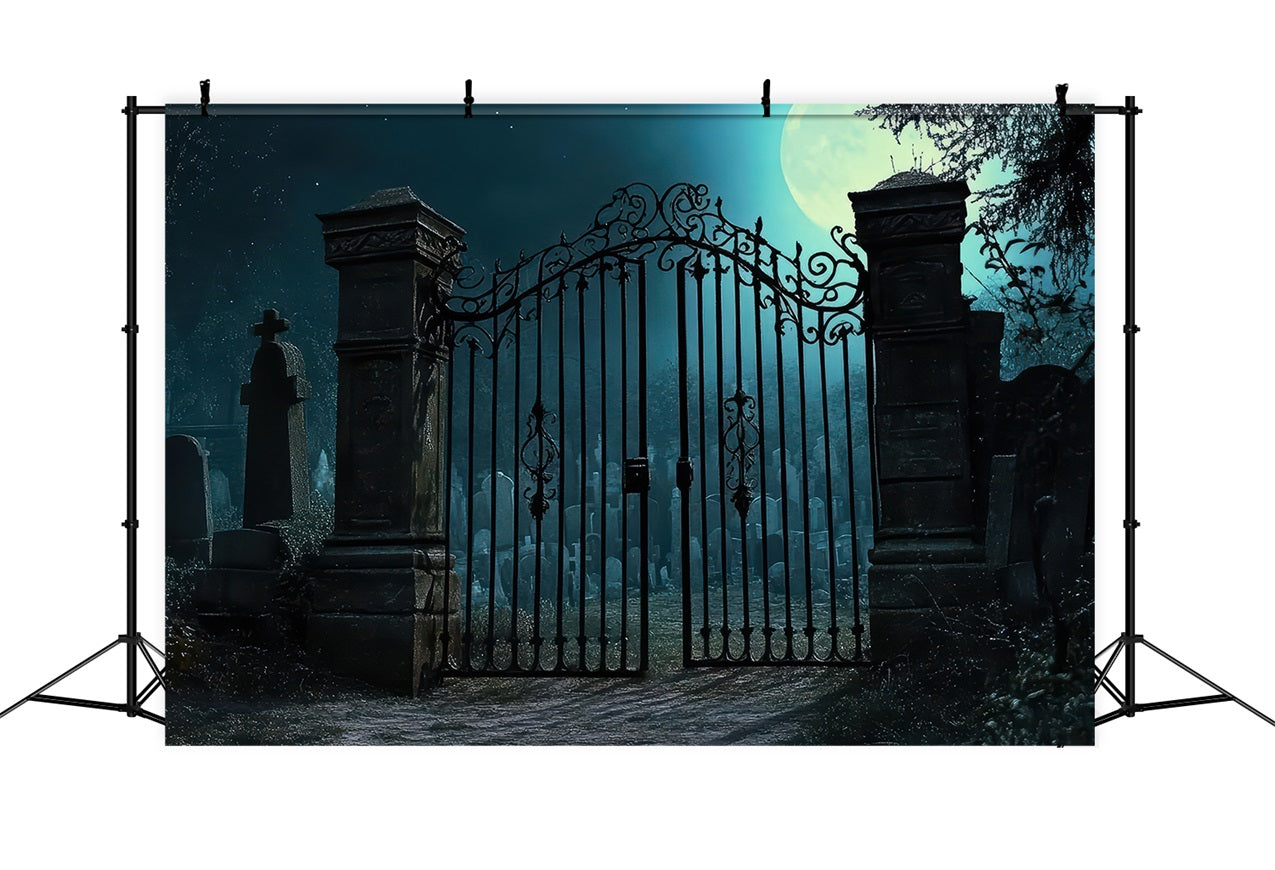 Gruselige Halloween Hintergrund Friedhof Eisentore Mond Hintergrund BRP10-212