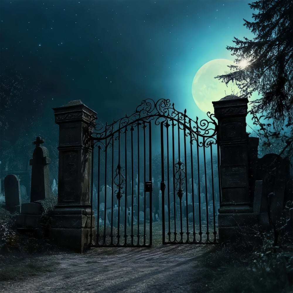 Gruselige Halloween Hintergrund Friedhof Eisentore Mond Hintergrund BRP10-212