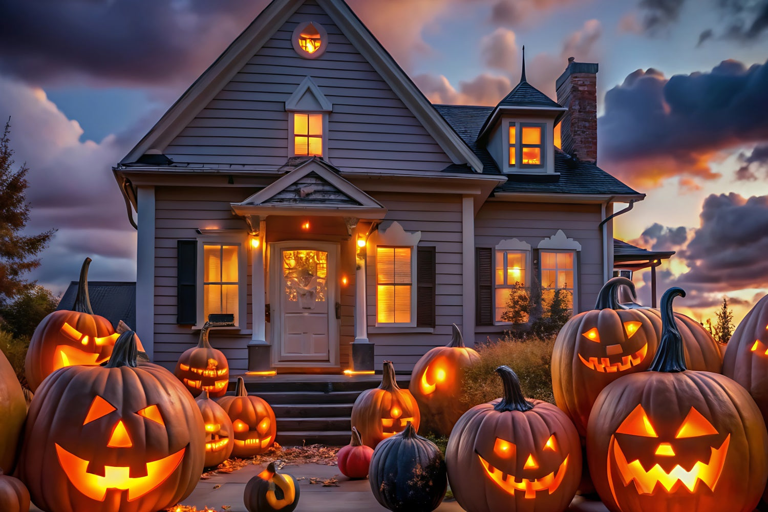 Halloween Hintergrund Dämmerung Haus Kürbisse Hintergrund BRP10-220