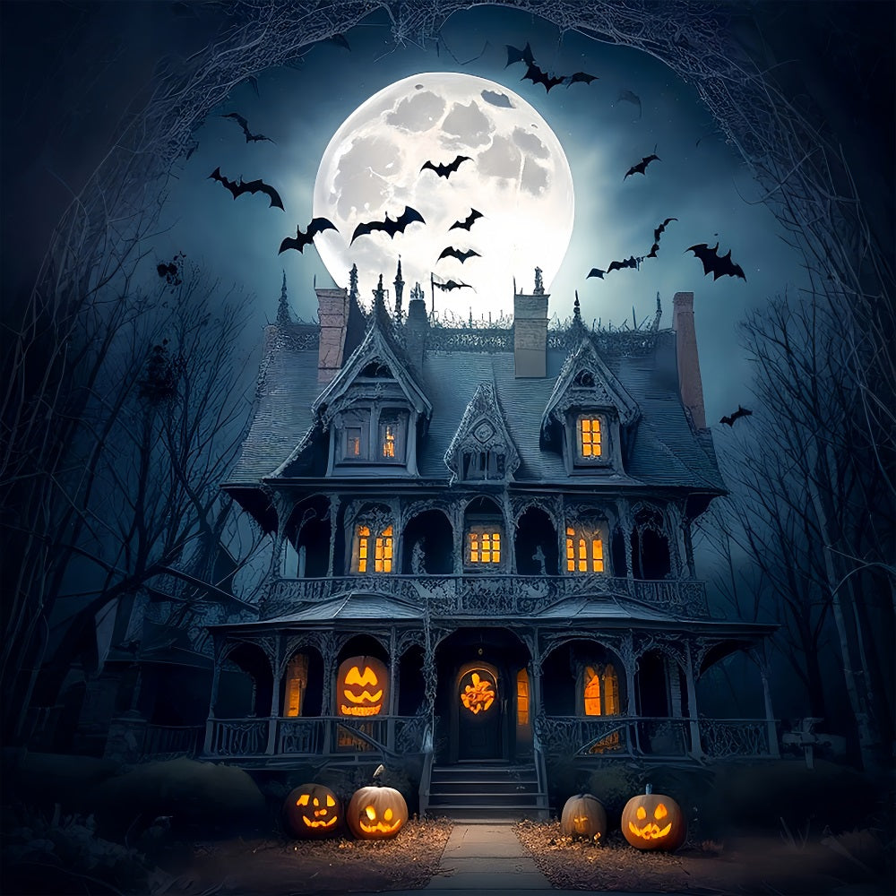 Halloweenkulisse Vollmond Gothic Mansion Fledermäuse Hintergrund BRP10-222