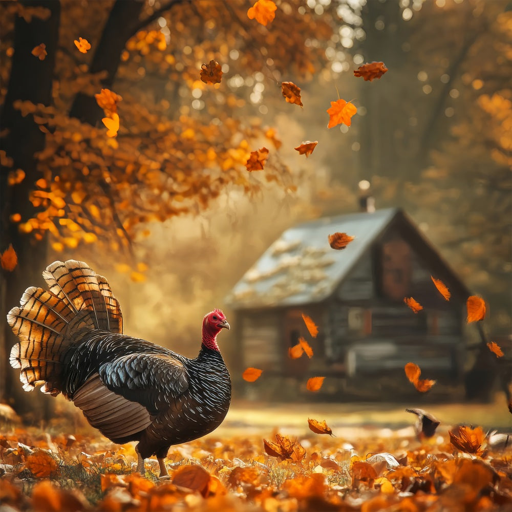 Herbst-Hintergrund-Ideen Rustikale Hütte Truthahn Blätter Hintergrund BRP10-245