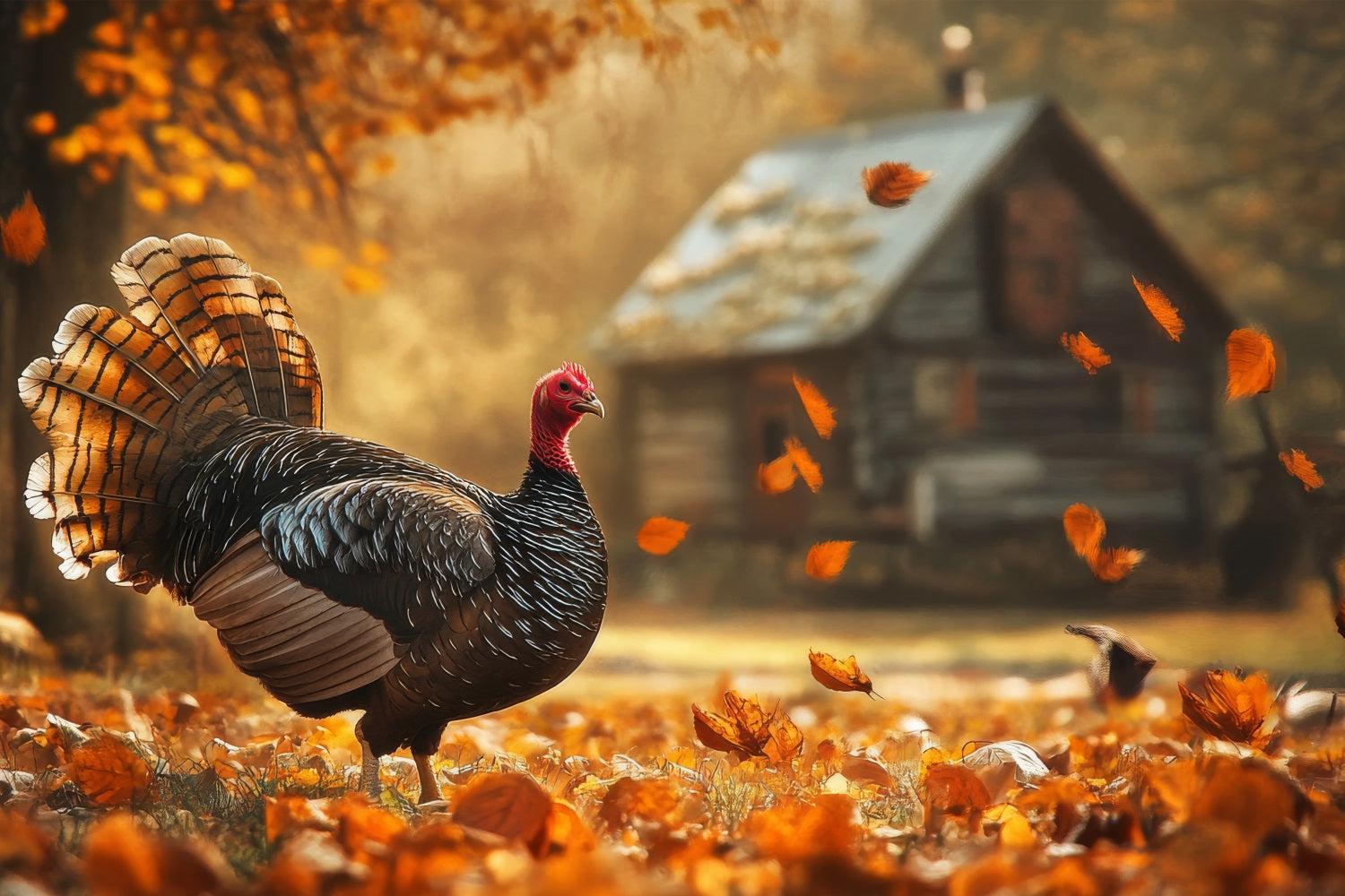 Herbst-Hintergrund-Ideen Rustikale Hütte Truthahn Blätter Hintergrund BRP10-245