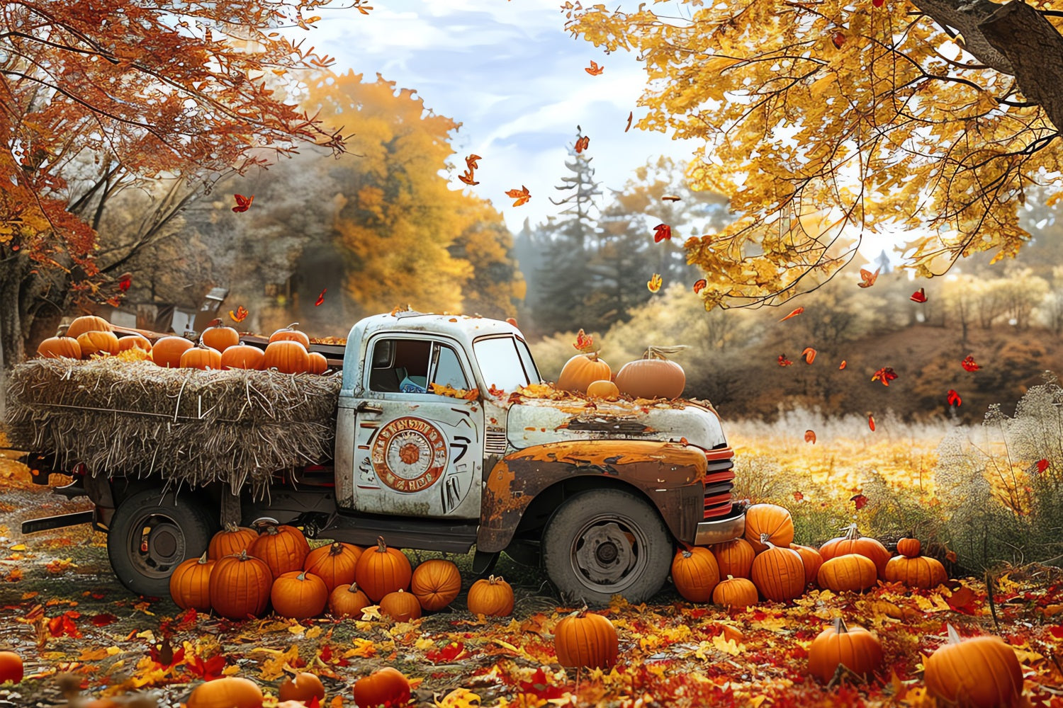 Herbst Fotostand Hintergrund LKW Ernte Kürbisse Hintergrund BRP10-259