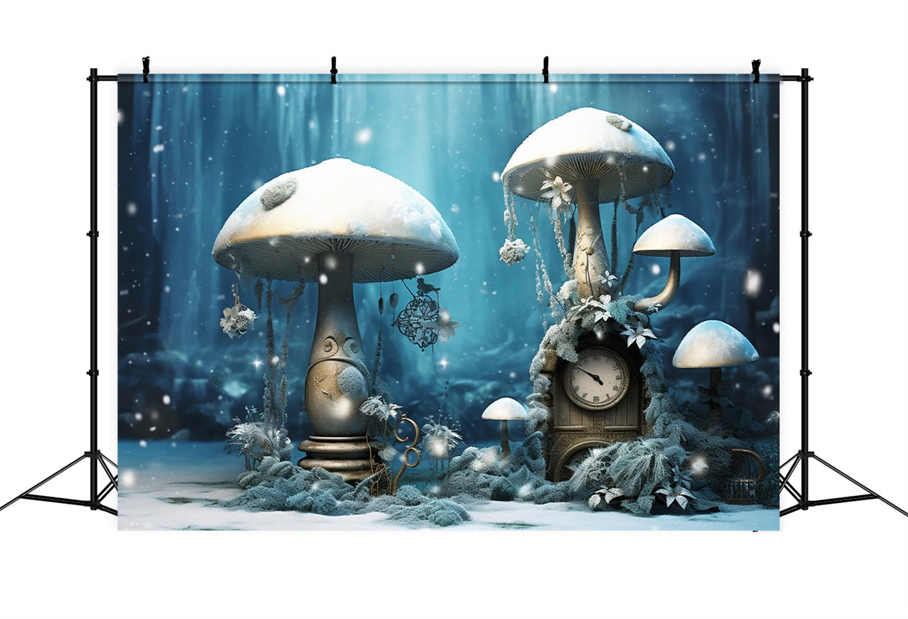 Winter Schnee bedeckte Pilze Vintage Uhr Wald Hintergrund BRP10-30