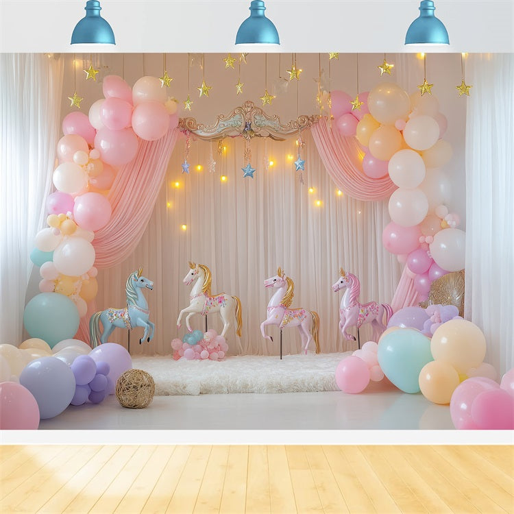 Geburtstag Hintergrund Design Einhorn Luftballons Karussell Kulisse BRP10-357