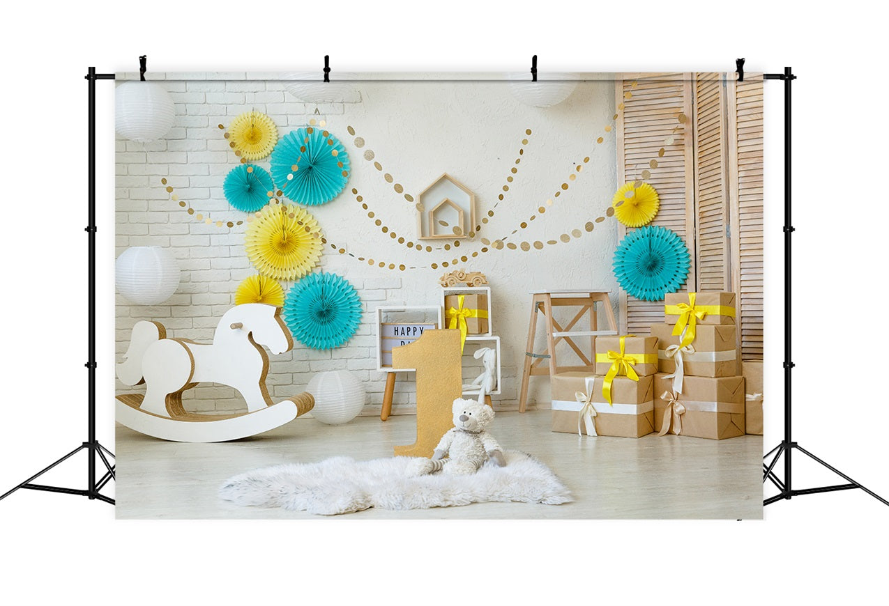 Happy 1st Birthday Hintergrund Schaukelpferd Geschenke Hintergrund BRP10-386