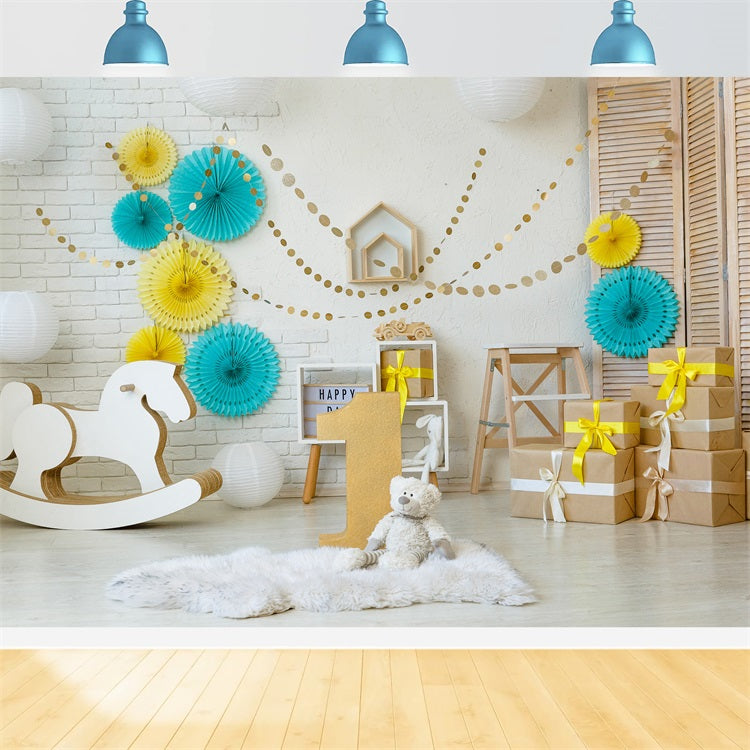 Happy 1st Birthday Hintergrund Schaukelpferd Geschenke Hintergrund BRP10-386