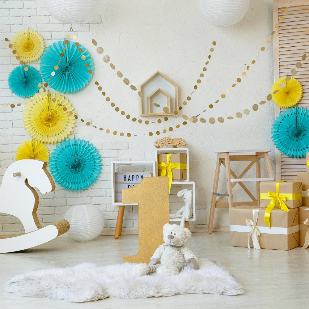 Happy 1st Birthday Hintergrund Schaukelpferd Geschenke Hintergrund BRP10-386