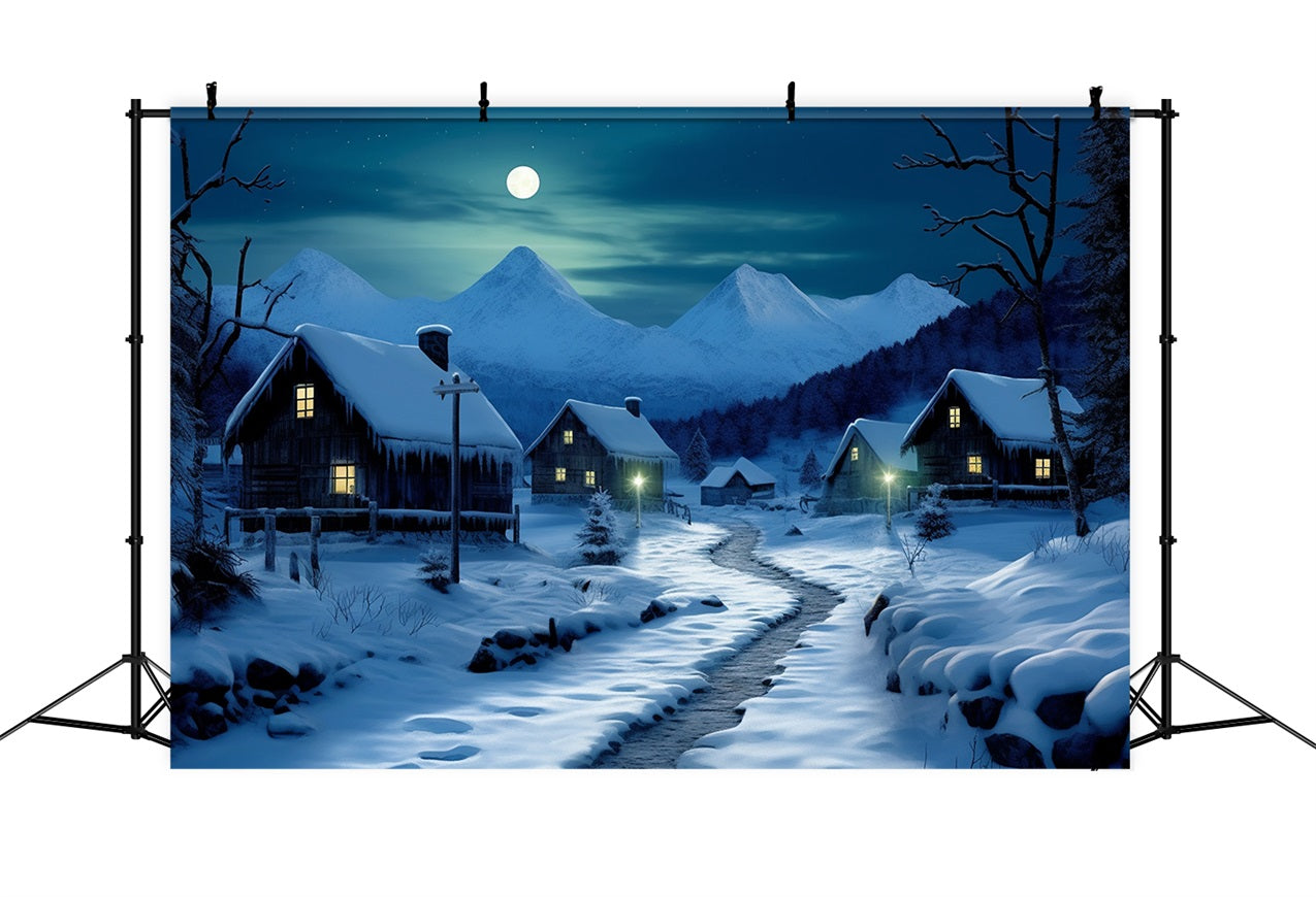 Winter Moonlit Road Cozy Snowy Cottages Hintergrund BRP10-39