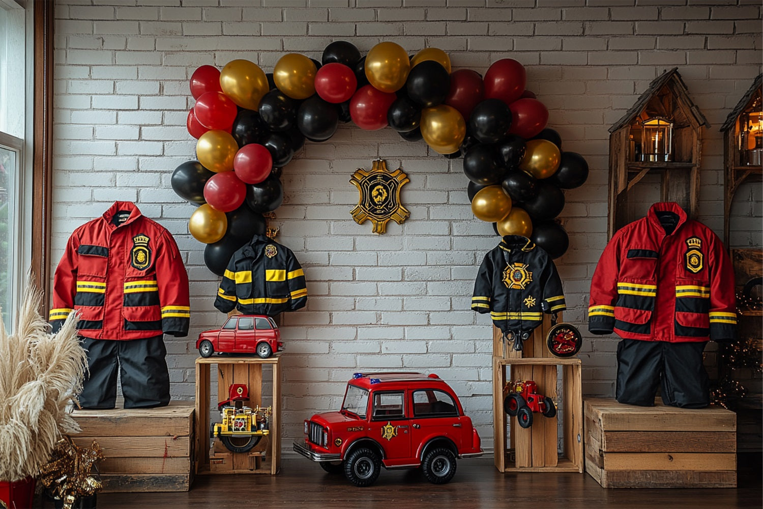 Geburtstag Party Hintergrund Feuerwehrmann Uniformen Ballons LKW Hintergrund BRP10-403