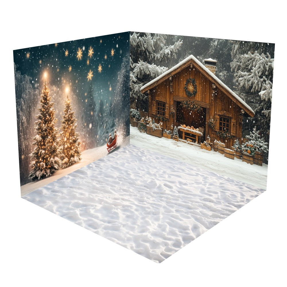 Winter Cabin Festive Trees Backdrop Room Set BRP10-407