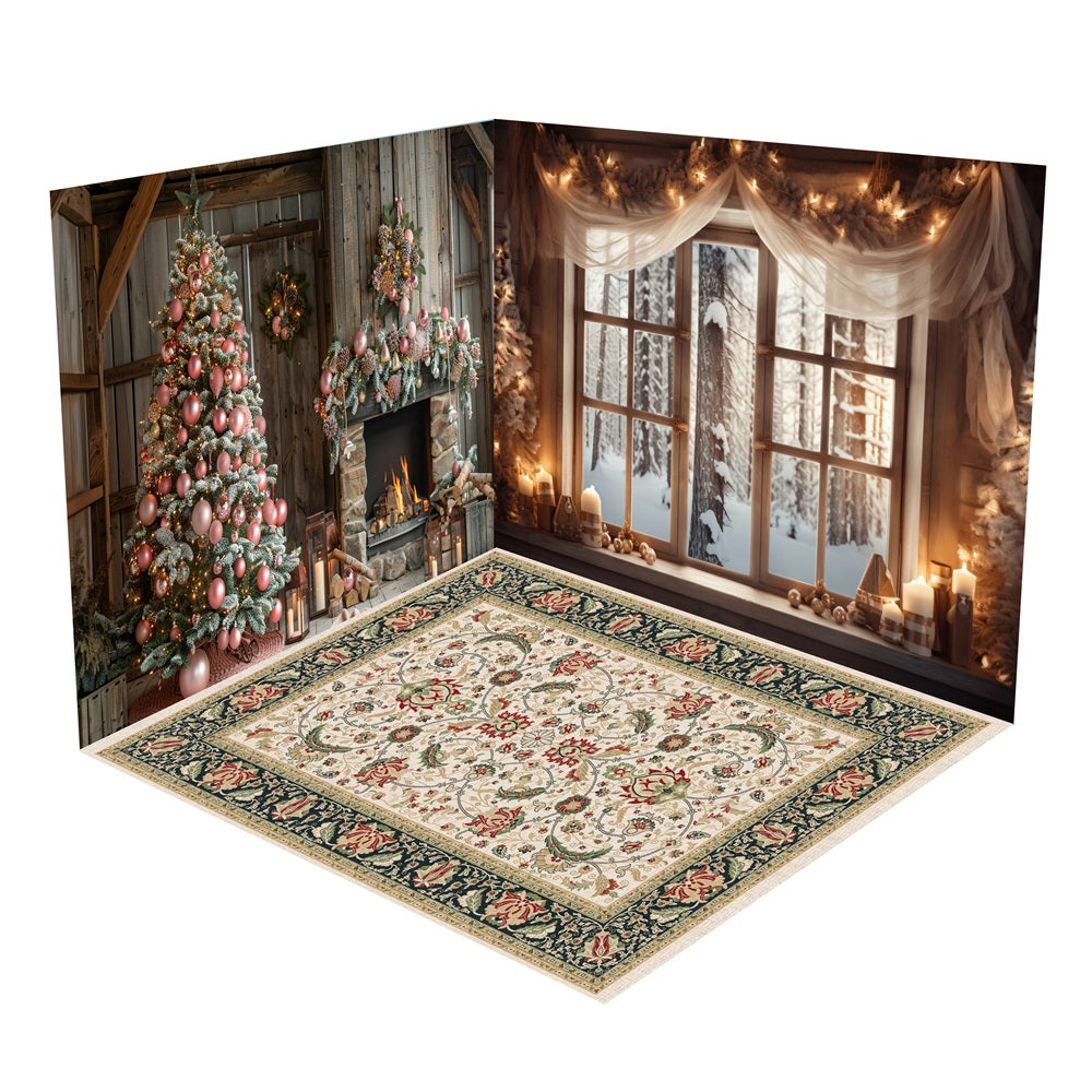 Weihnachtskamin Rosa Baum Fenster Hintergrund Raum Set BRP10-408