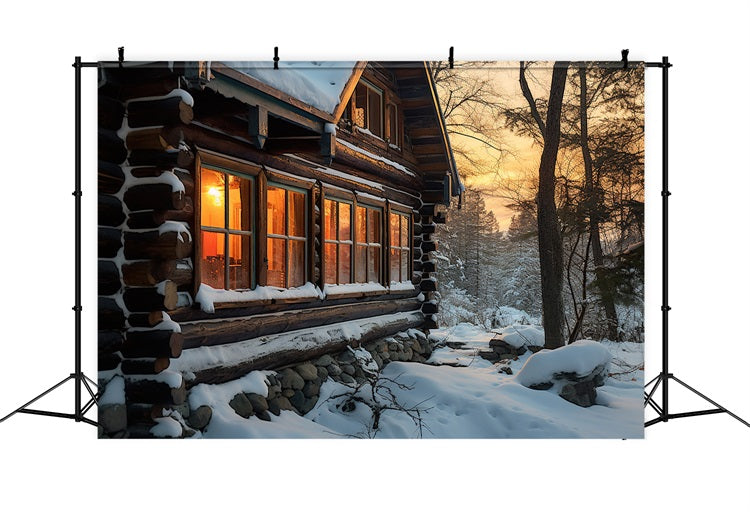 Winter Sonnenuntergang über gemütliche verschneite Hütte Hintergrund BRP10-45