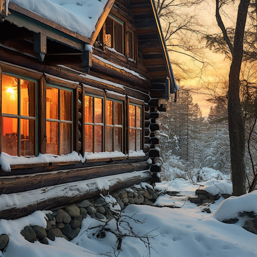 Winter Sonnenuntergang über gemütliche verschneite Hütte Hintergrund BRP10-45