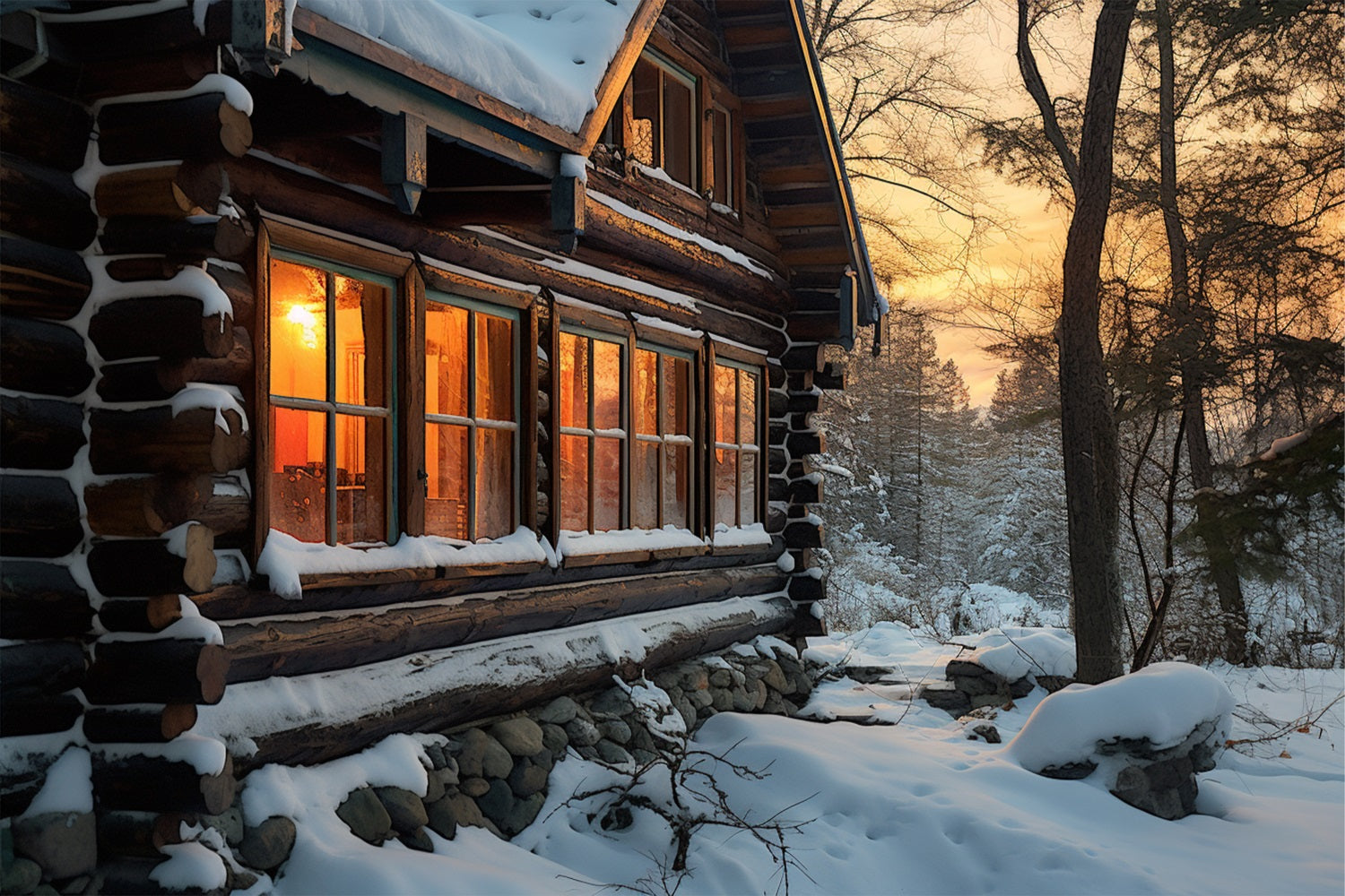 Winter Sonnenuntergang über gemütliche verschneite Hütte Hintergrund BRP10-45