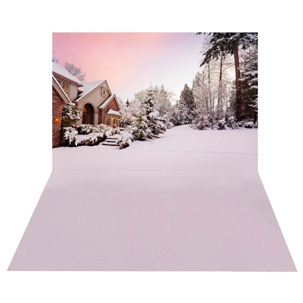 Winter Pink Sky House Backdrop+Snow-Covered Yard Floor Backdrop BRP10-455