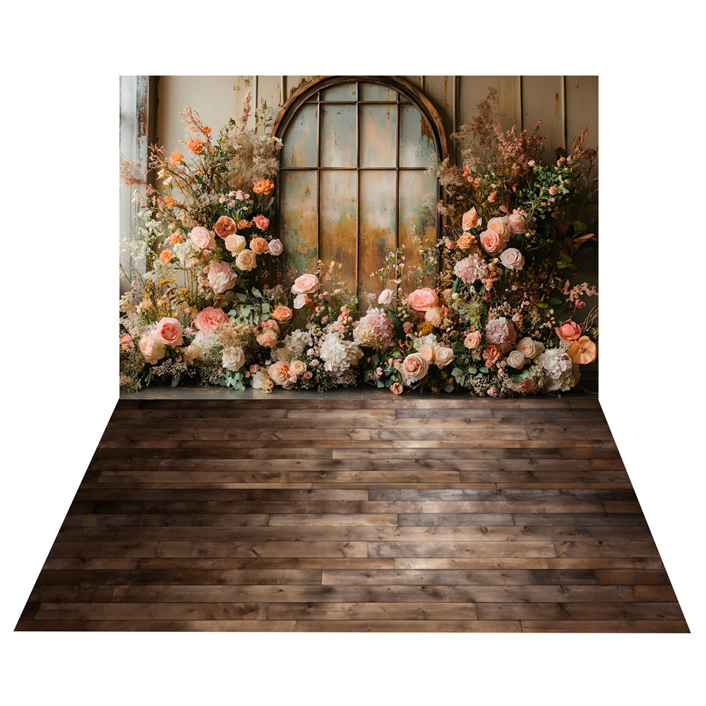 Boho Vintage Blossom Window Backdrop+Dark Wood Floor Backdrop BRP10-503