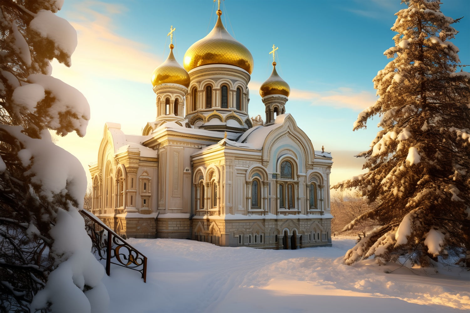 Winter Majestätische Kirche Goldene Kuppeln Hintergrund BRP10-52