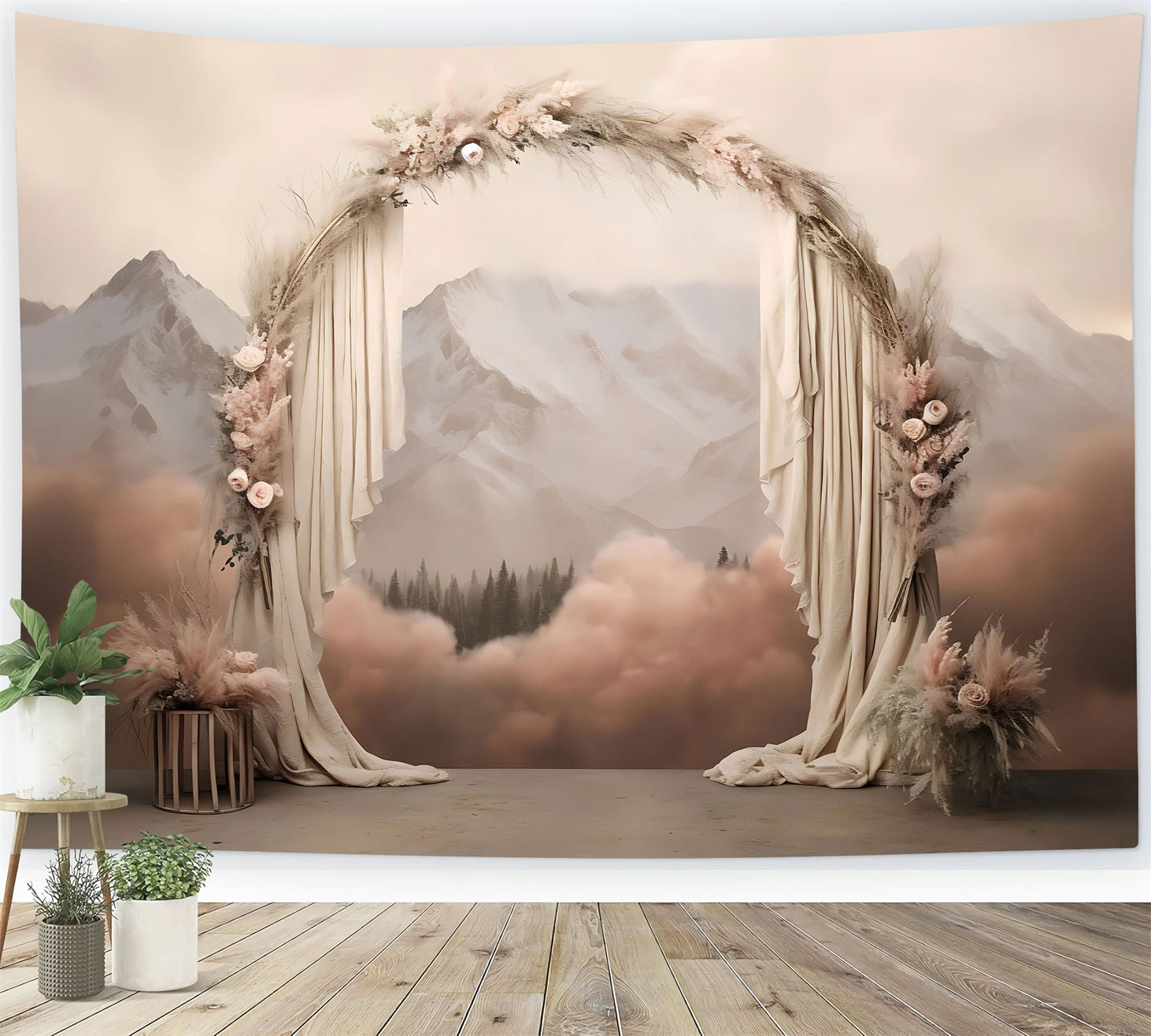 Boho Hintergrund Drapierter Bogen Berge Floral Hintergrund BRP10-584