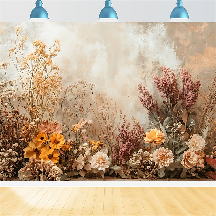 Warmer Boho-Hintergrund aus getrockneten Blumen mit Struktur BRP10-74