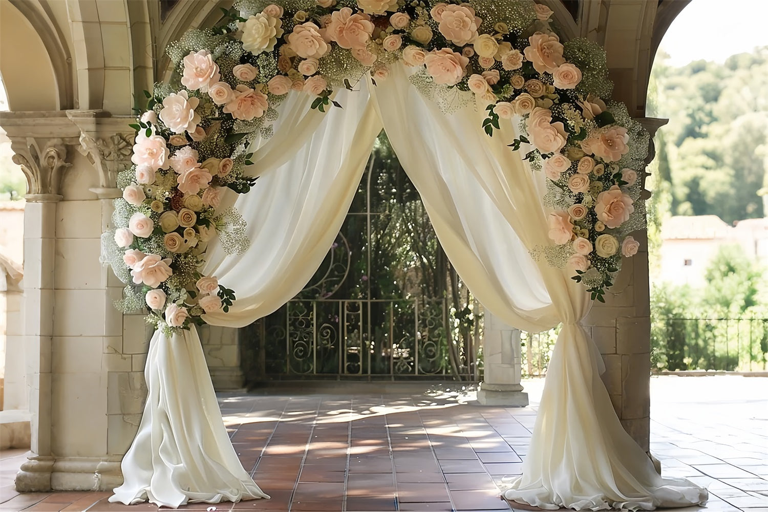 Bohemian Floral Archway Weiße Vorhänge Hintergrund BRP10-80