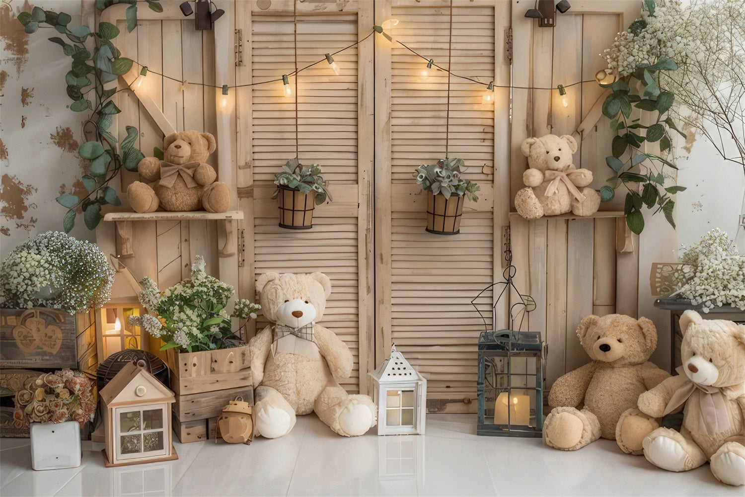 Gemütlicher Boho-Teddybär Rustikaler Raumhintergrund BRP10-89