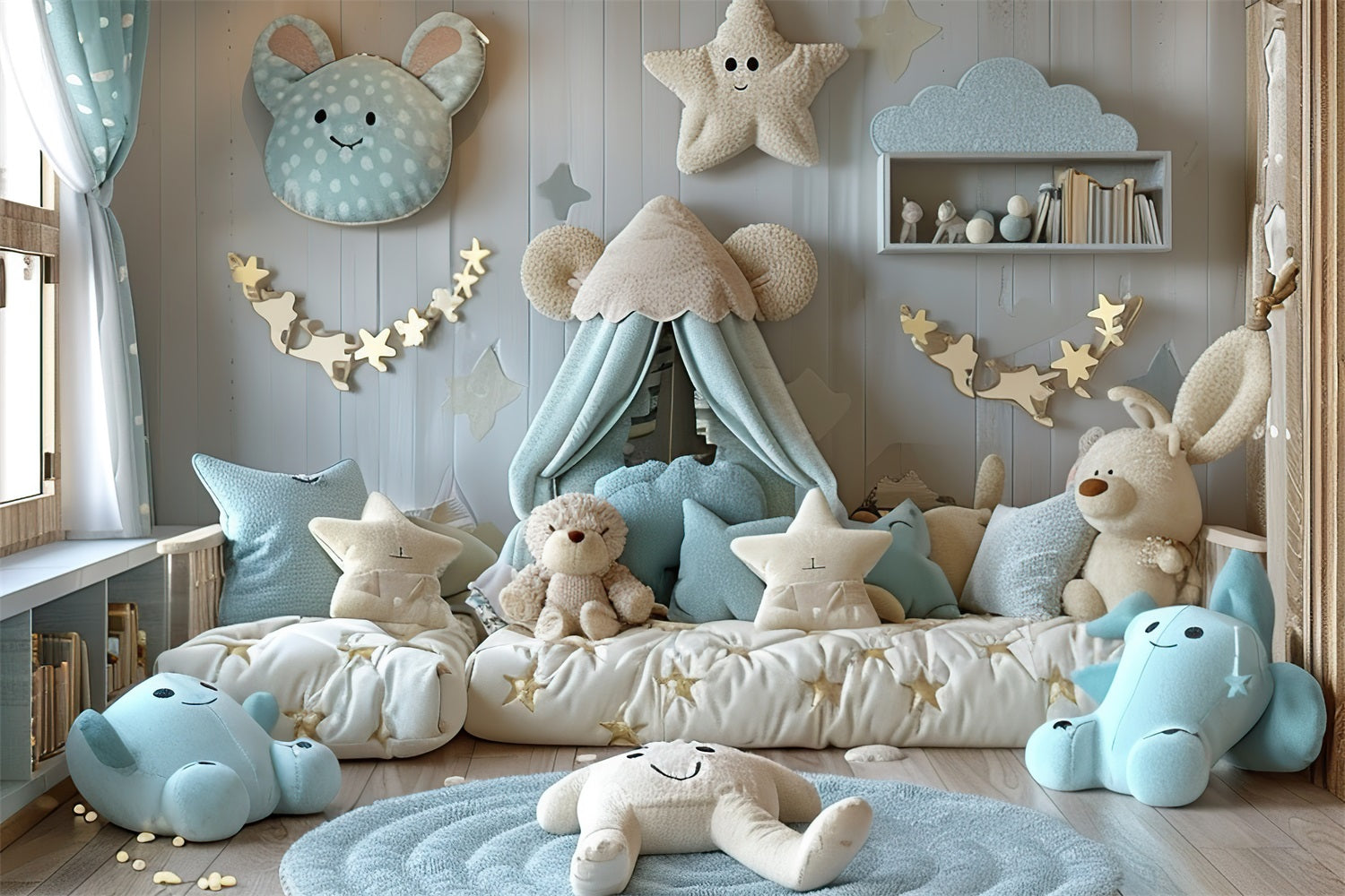 Gemütlicher blauer Teddybär Boho-Hintergrund BRP10-97