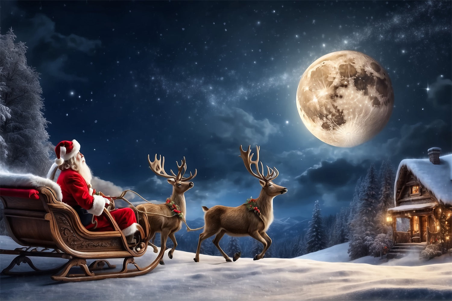 Weihnachten Backdrops Santa's Schlitten Mondschein Hintergrund BRP11-119