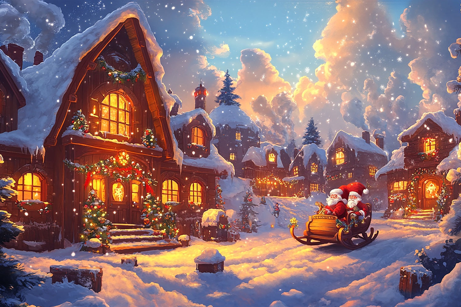 Fotografie Backdrops Weihnachten Santa's Sleigh Village Lights Backdrop BRP11-159